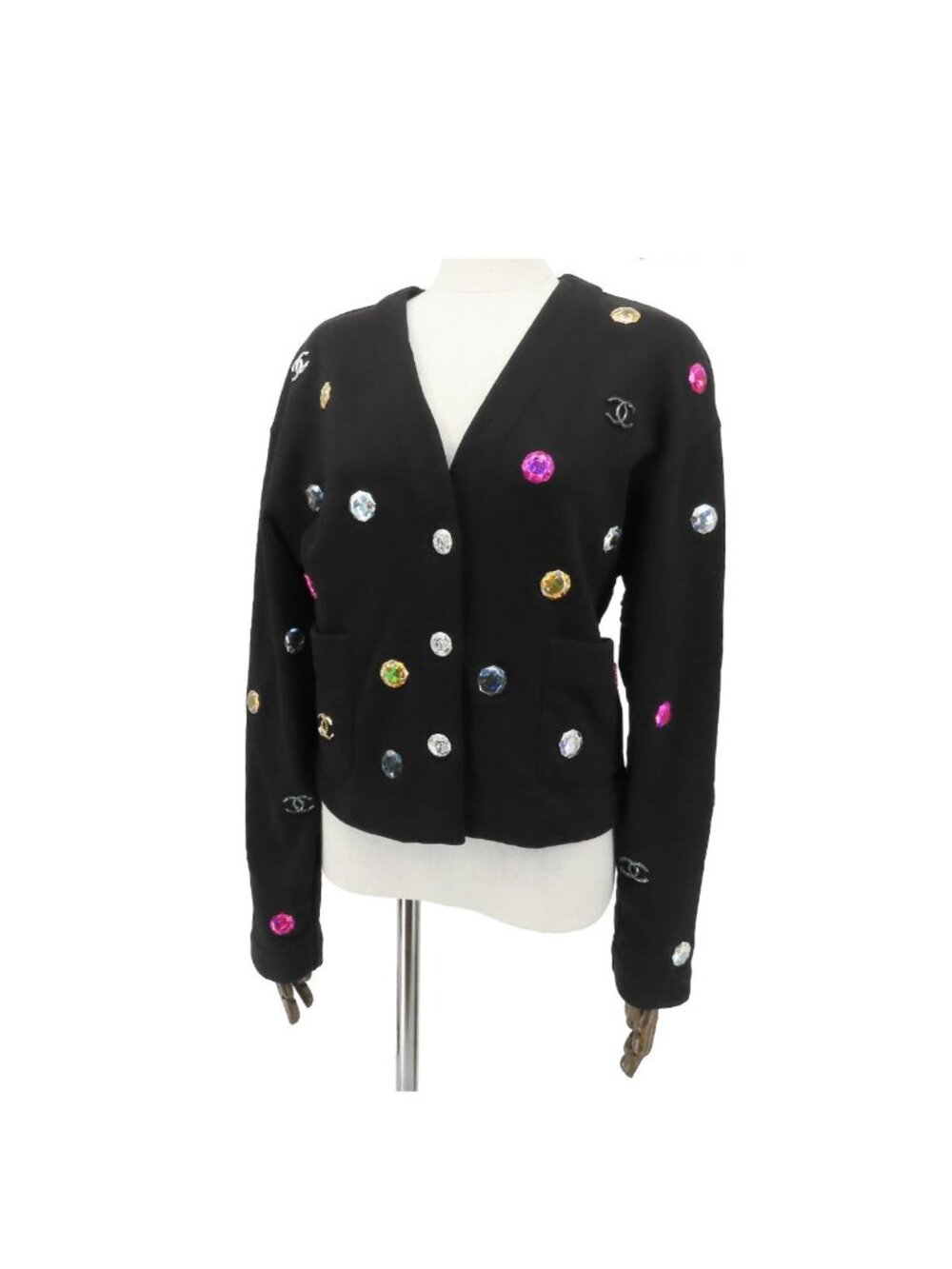 Chanel Cardigan Black Cotton Rhinestone CC Logo Stone Top 36
